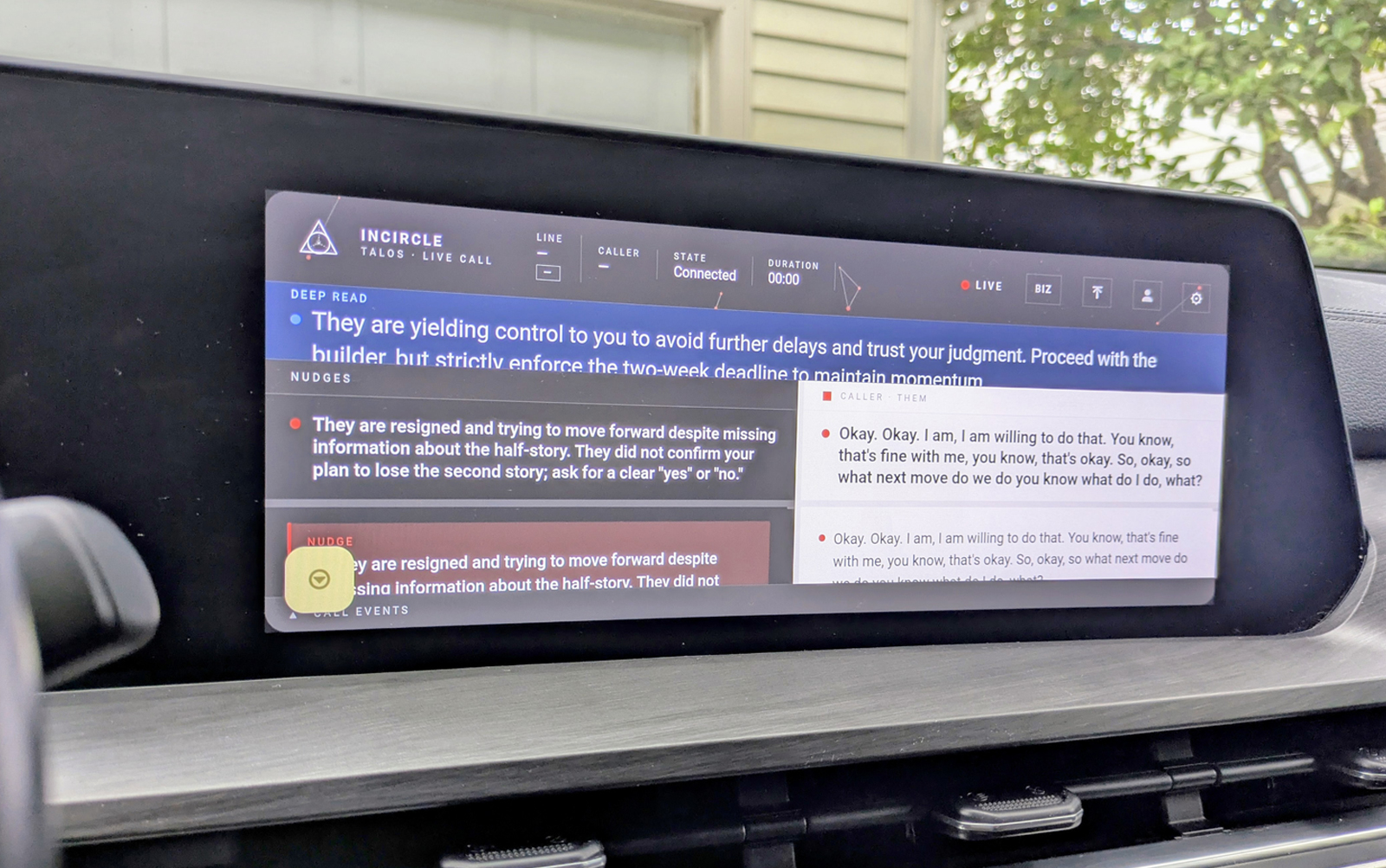 The TALOS console running dash-mounted during a live client call