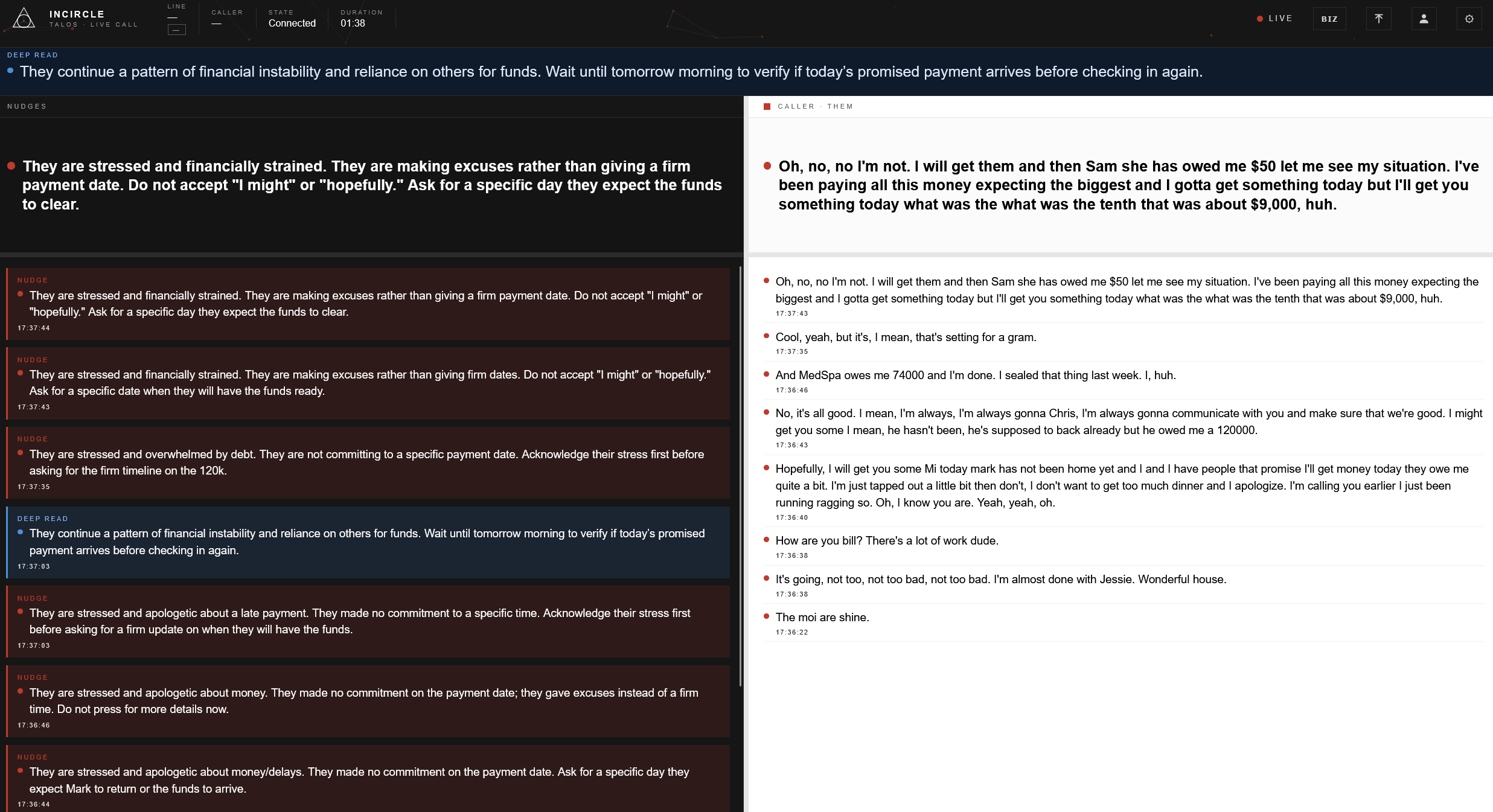 The TALOS live-call console: deep read across the top, nudges on the left, live transcript on the right